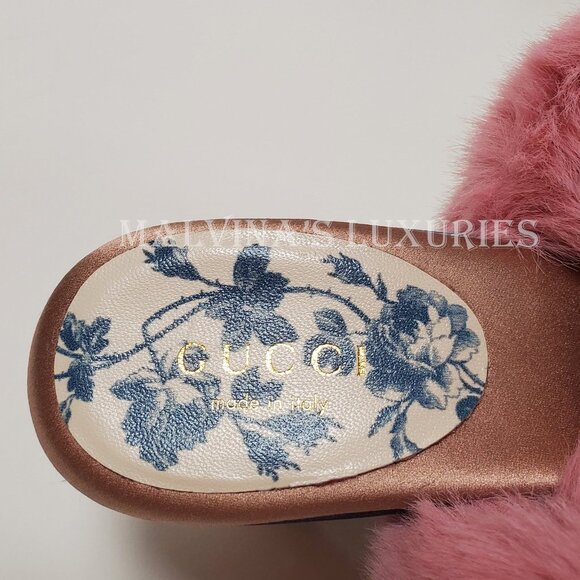 GUCCI SHOES CANDY SATIN AND FAUX FUR MULES CRYSTAL HEEL sz IT 35.5 US 5.5 - Picture 13 of 16